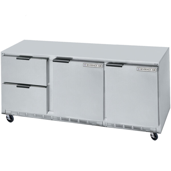 A stainless steel Beverage-Air undercounter refrigerator with 2 drawers.