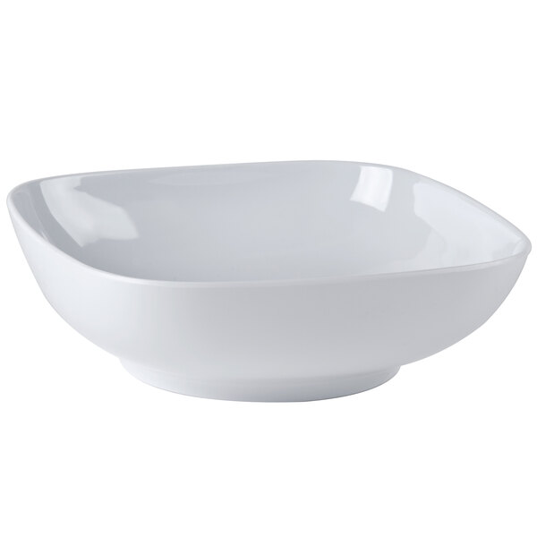 A white square melamine bowl with round edges.
