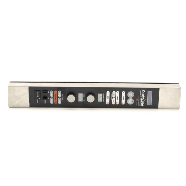 A black and silver rectangular control panel with buttons and dials.
