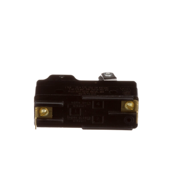A black Blodgett switch with two wires and a metal cover.