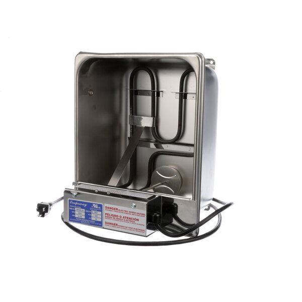 A Master-Bilt Evapoway evaporator pan inside a stainless steel box with a hose attached.