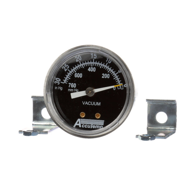 An Accutemp vacuum gauge with two metal brackets.