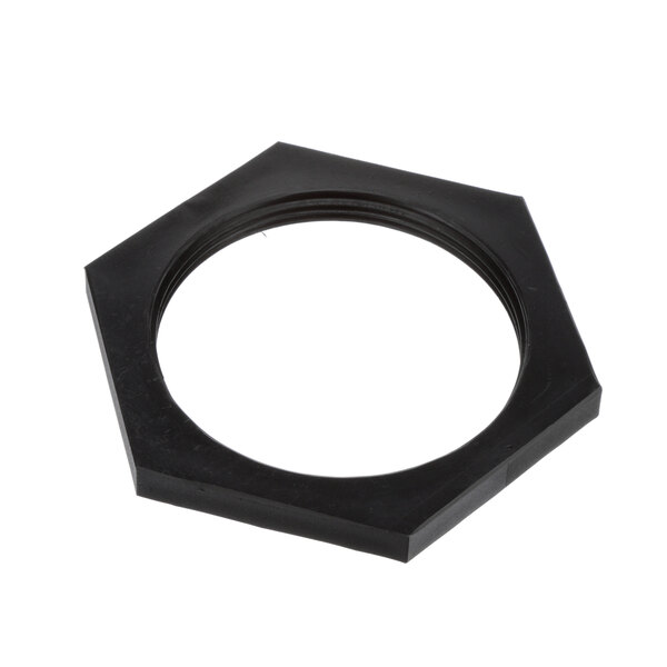 A black hexagonal nut.
