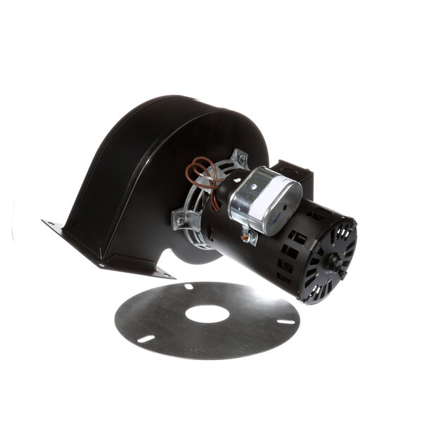 A black blower with a metal fan and disc on a black motor.