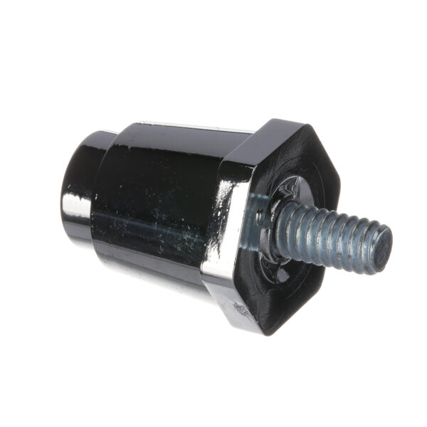 A black and silver screw with a black threaded nut on it.
