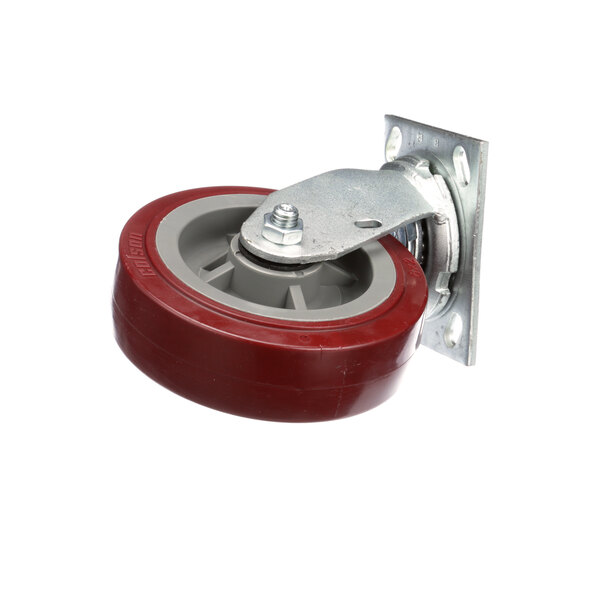 A Carter-Hoffmann caster wheel with a red rim and metal bracket.