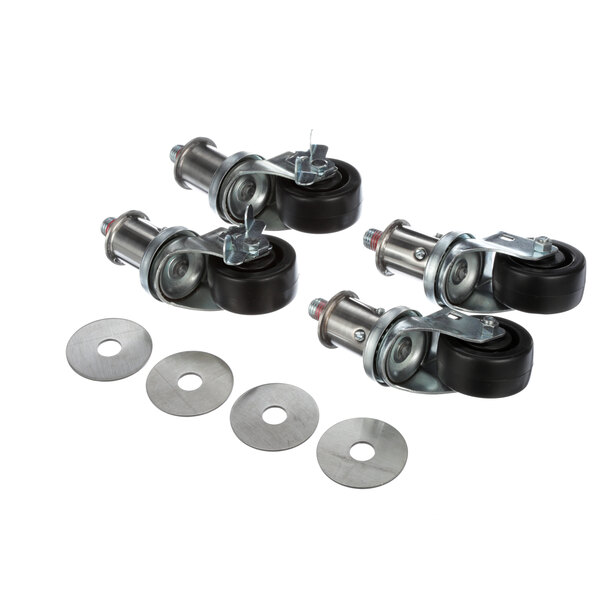 A set of four US Range casters with three black rubber wheels and metal discs.