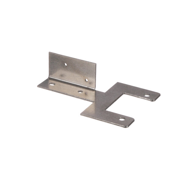 A pair of stainless steel metal brackets with screws and holes.