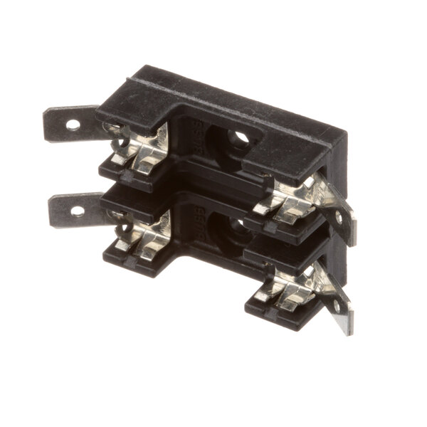 A black electrical fuse holder with metal terminals on the corners.