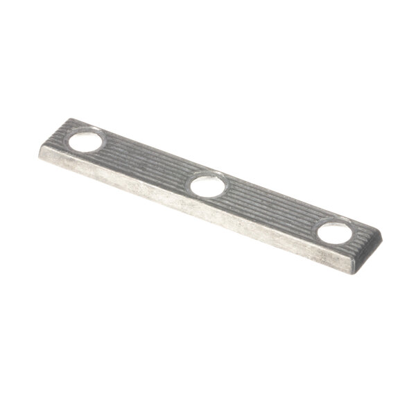 A stainless steel Victory Hinge Shim with holes in it.