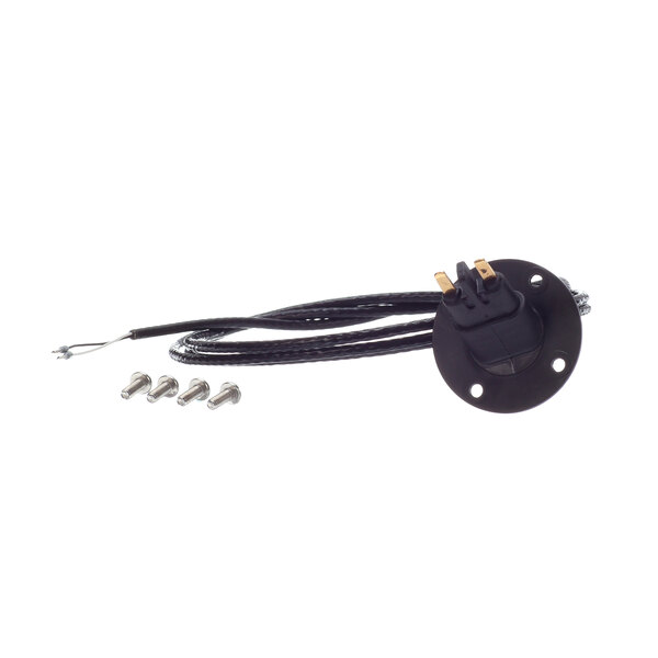 A black electrical cord with screws and a screwdriver.
