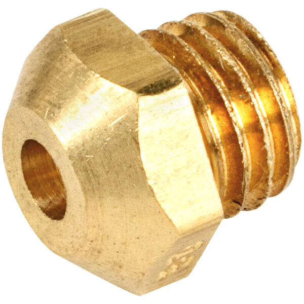 A brass threaded nut on a white background with a hole in it.