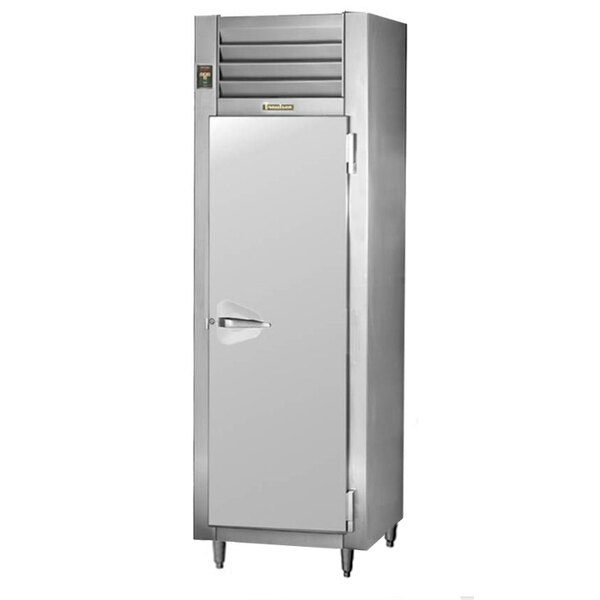 A Traulsen stainless steel pass-through heated holding cabinet with a solid door.
