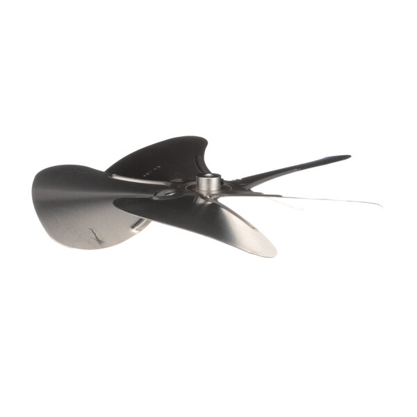 A metal propeller with blades.