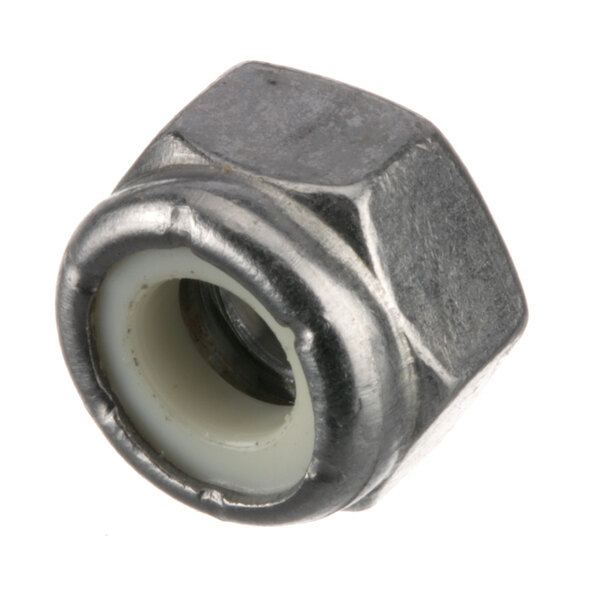 A close-up of a Hobart metal stop nut with a white cap.