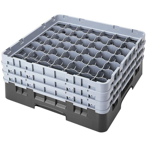 A black plastic Cambro glass rack with several compartments.
