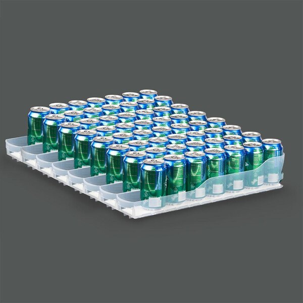 A Trueflex bottle organizer with blue and green soda cans in it.