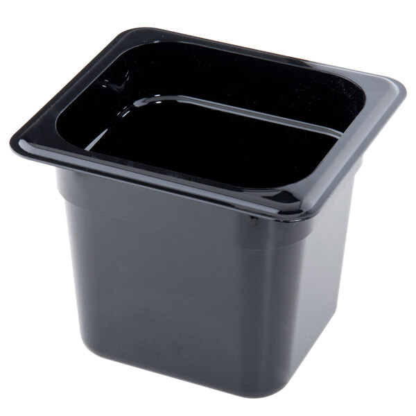 A black square Cambro polycarbonate food pan with a square lid.
