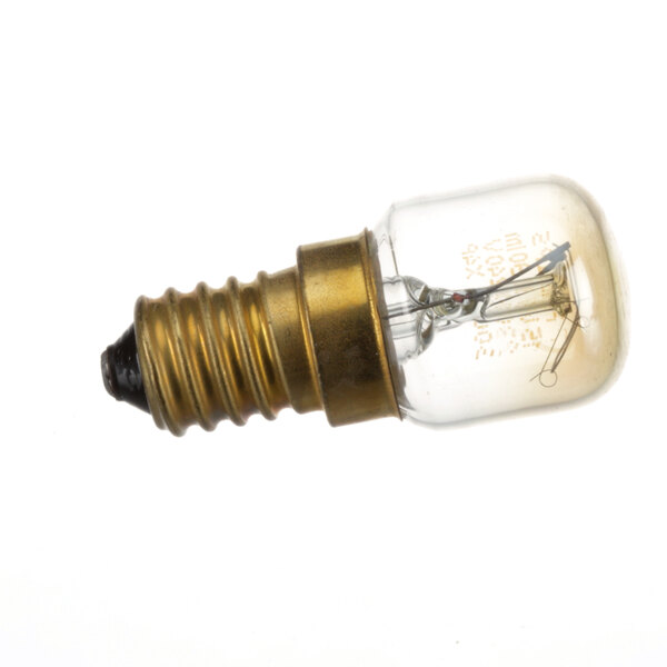 A close-up of a Bakers Pride P1147X light bulb with a gold base.