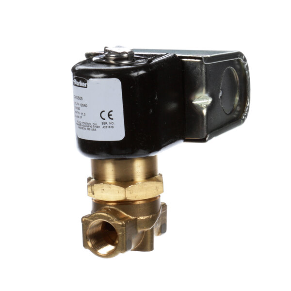 A Stero brass water solenoid valve with a black cover.