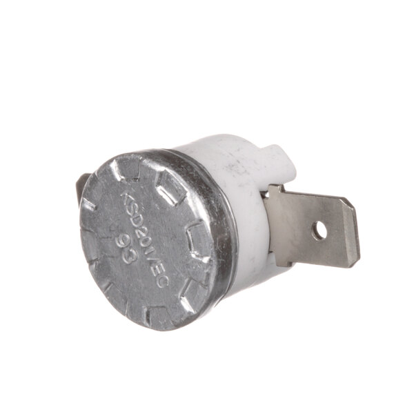 A close-up of a white metal Grindmaster-Cecilware Hi Limit Cut Out Switch with a silver knob.