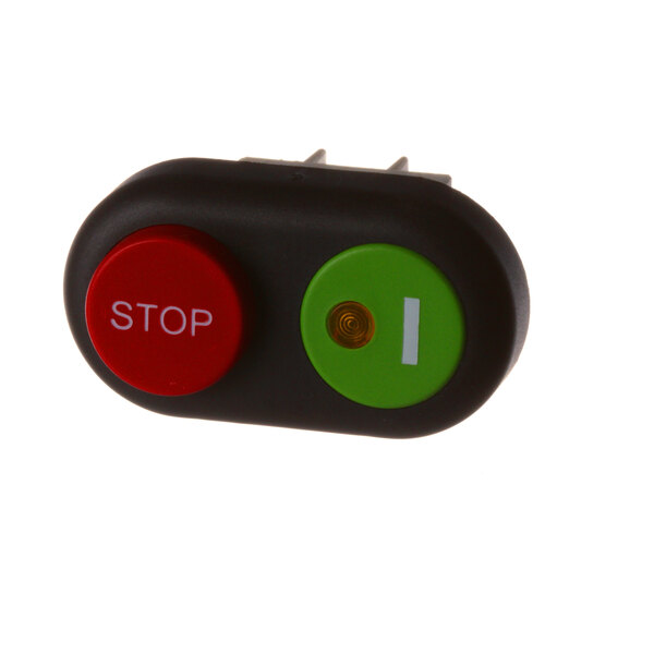 A black and red circular stop button with white text.