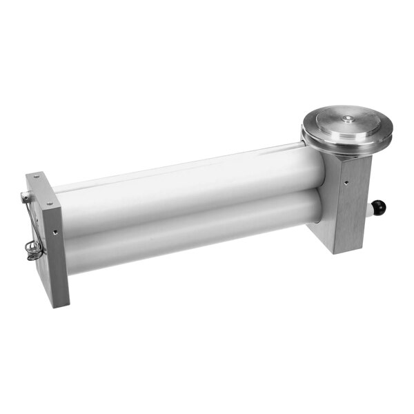 A stainless steel roller assembly with a silver cap on a white background.