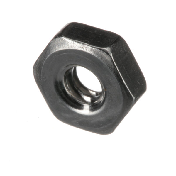A close-up of a black hex nut.