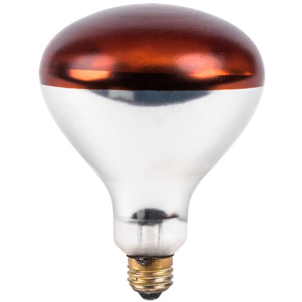 A close-up of a Lavex red coated infrared heat lamp light bulb with a red cap.