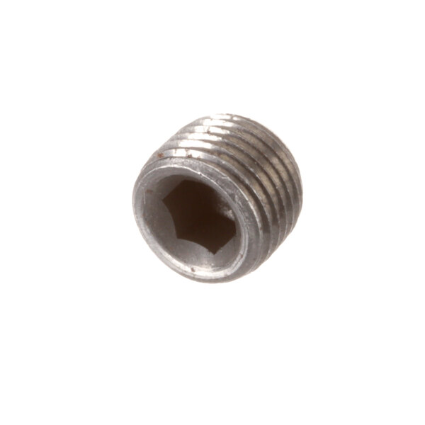 A stainless steel threaded hex plug with a black diamond in a circle.