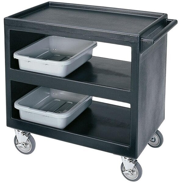 A black Cambro utility cart with three shelves on wheels.