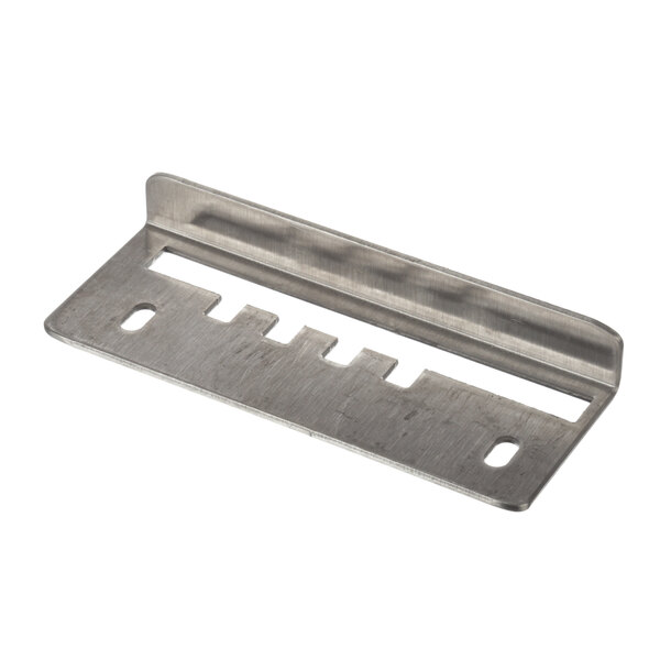 A US Range broiler rack lever ratchet, a metal piece with two holes.