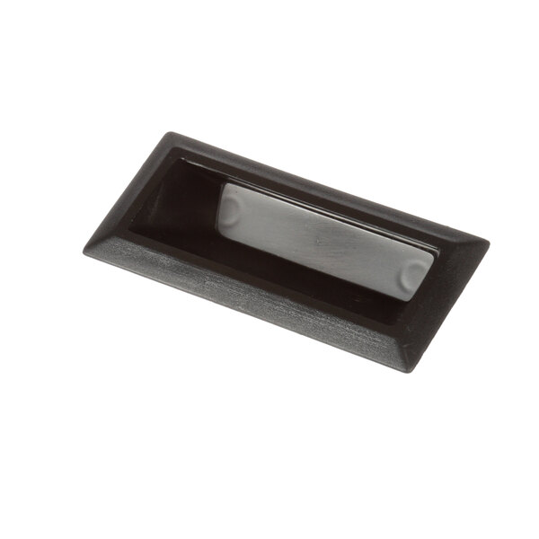 A black rectangular Master-Bilt door handle with a silver rectangular pocket pull inside.