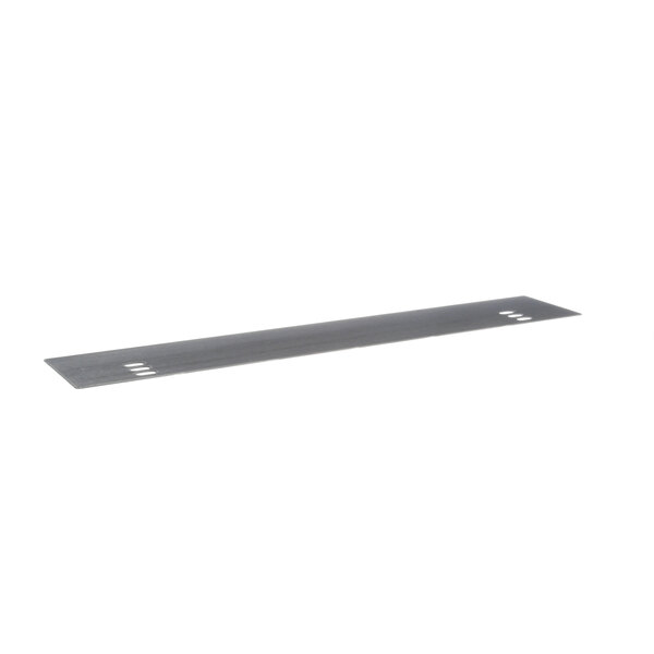 A long black rectangular metal shelf with two holes in it.