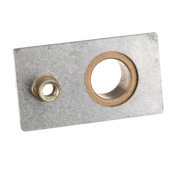 A metal plate with a hole in it and a nut.