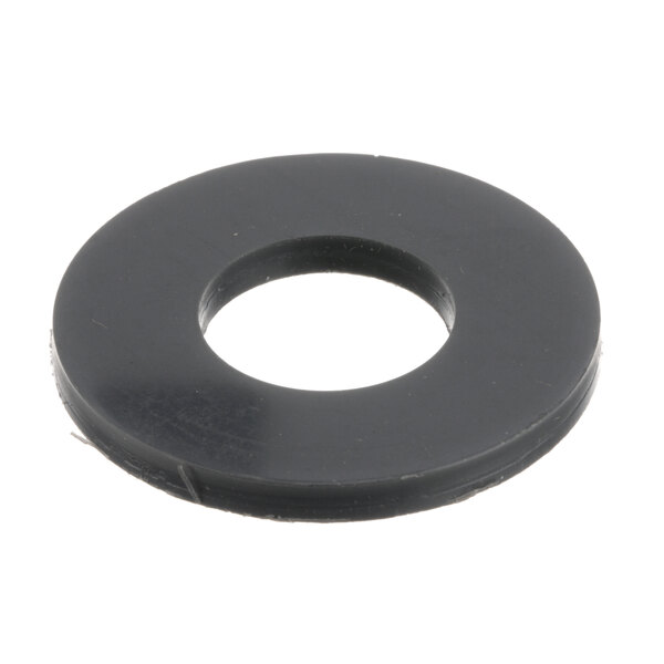 A black rubber washer with a hole in it.