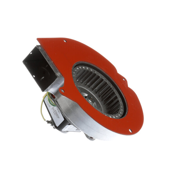 A red and silver blower fan.