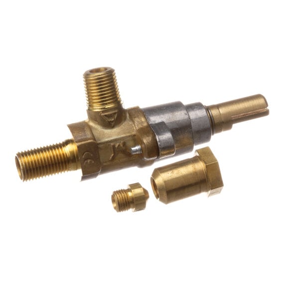 A close-up of a brass and metal Vulcan burner valve with two brass fittings.