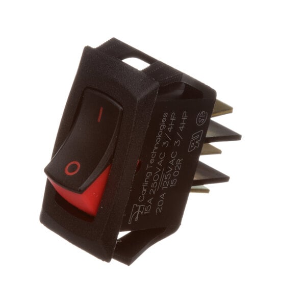 A black toggle switch with a red rocker button.