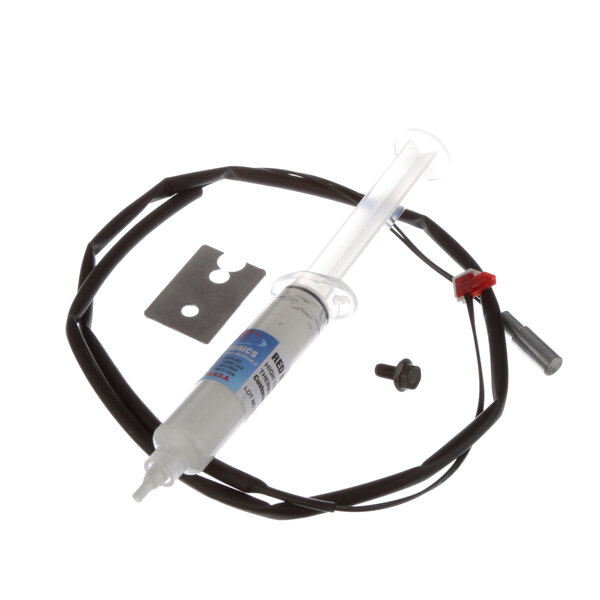 A syringe with a tube and wires, attached to a screw.