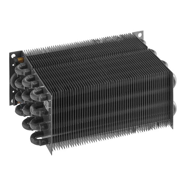 A black heat exchanger with four pipes.