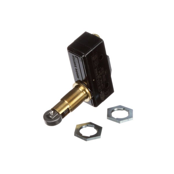 A black and gold metal Wells Interlock Switch with nuts and a screw.