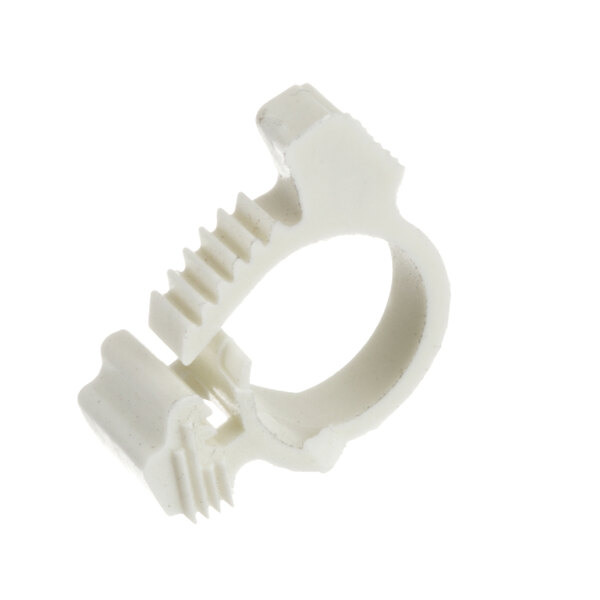 A white plastic Blodgett hose clamp ring with a hole.