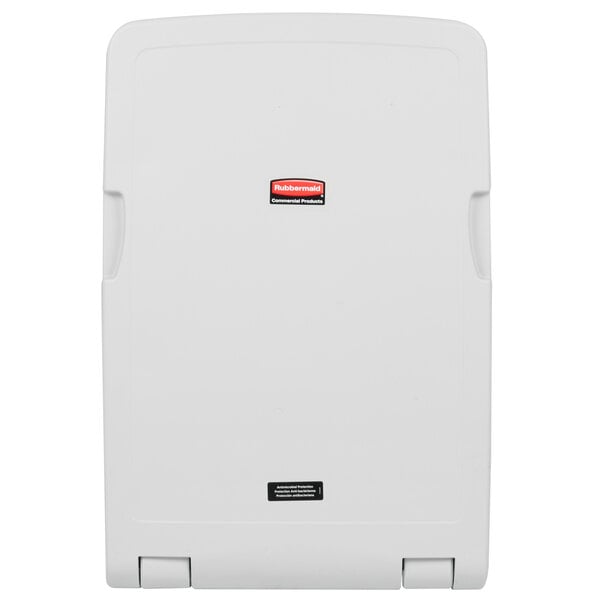 A white plastic rectangular Rubbermaid baby changing station with a red and white logo.