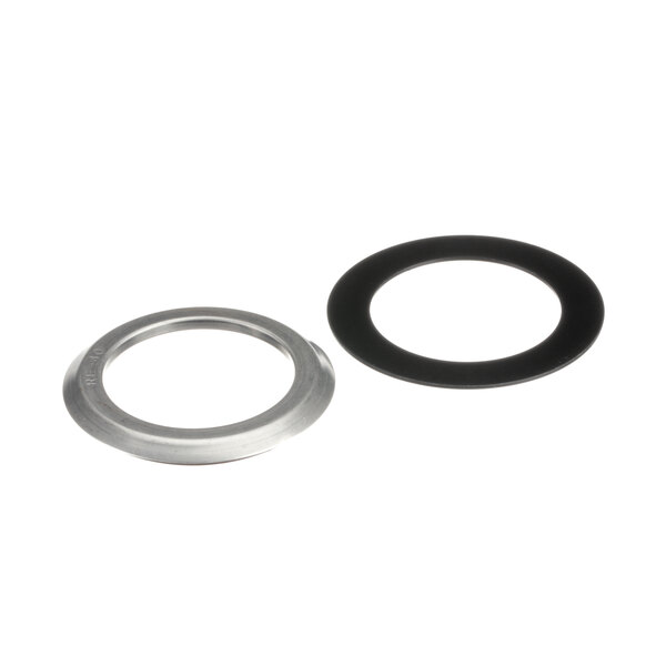 A round black and silver gasket with two rubber washers inside.