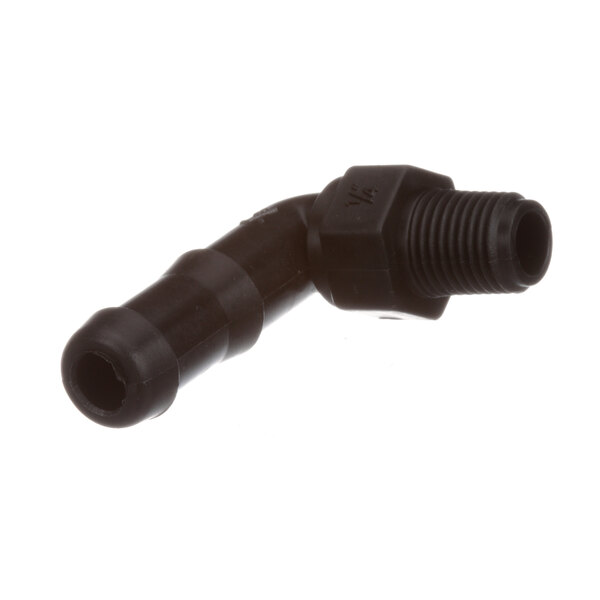 A black plastic Blakeslee elbow with a threaded end.