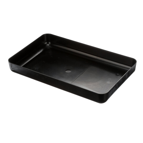 A black rectangular True Refrigeration drain pan with a hole in the middle.