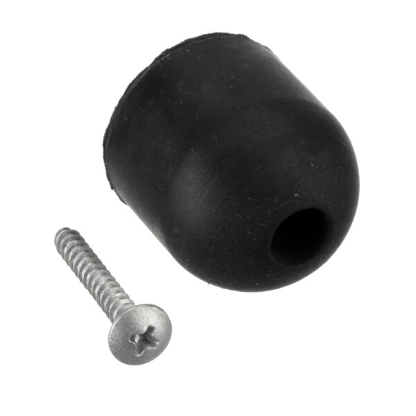 A black rubber cap and a screw on a True Refrigeration rear spacer bumper.