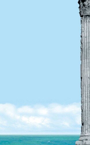 Menu paper with a tall stone pillar design against a blue sky.