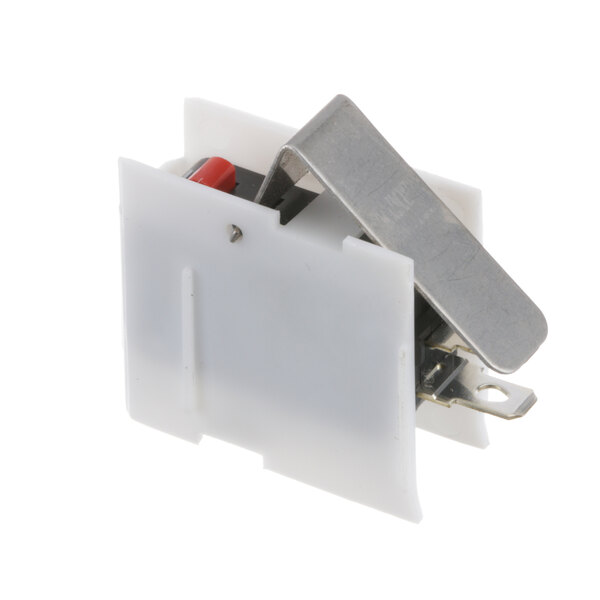 A True Refrigeration door switch with a white plastic box and metal lever.